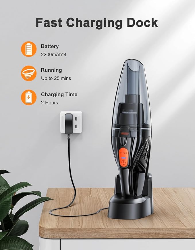 Handheld Vacuum Cordless Rechargeable 9KPA - [2H Fast Charging Dock] Portable Car Vacuum Cleaner High Power Suction with LED 