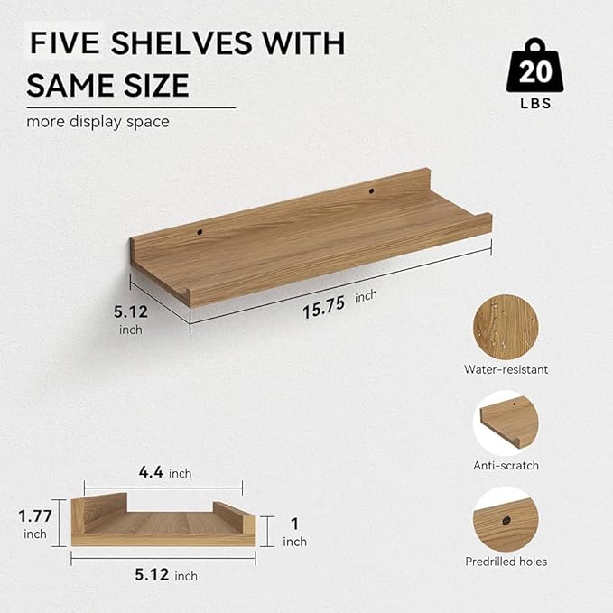 RICHER HOUSE 5 Set Floating Shelves for Wall Decor, Wall Mounted Book Shelf, Nursery Shelves Picture Ledge Shelf with Lip for