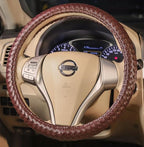 Carwales Elegant Men Steering Wheel Cover Leather for Car Hand-Made Wheel Wrap Hand Woven Universal 14.5-15 Inch Brown