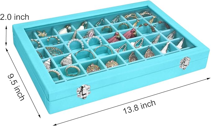 Siveit Velvet Jewelry Tray 48 Grid Jewelry Display Tray Organizer Box with Transparent Lid Rings Earrings Necklaces Pendants 