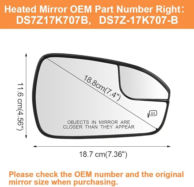 Senzeal Passenger Side Heated Mirror Glass Replacement Convex Mirror with Blind Spot mirror for Ford Fusion 2013 2014 2015 2016 2017 2018 2019 2020 DS7Z17K707B (Right Side)