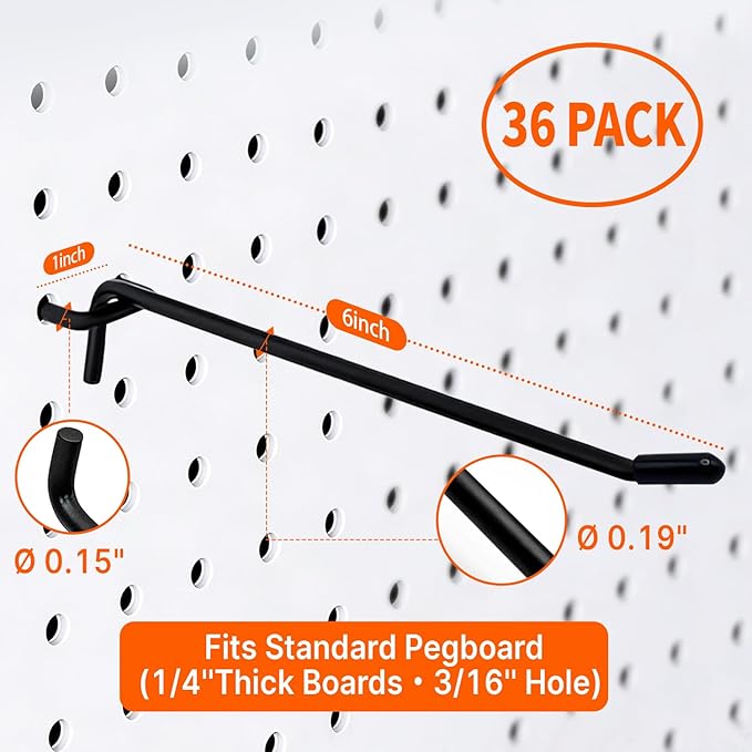 6 Inch Pegboard Hooks 36 Pack – Max Strength Tool Hangers & Organizers for Standard 3/16″ Pegboard Holes