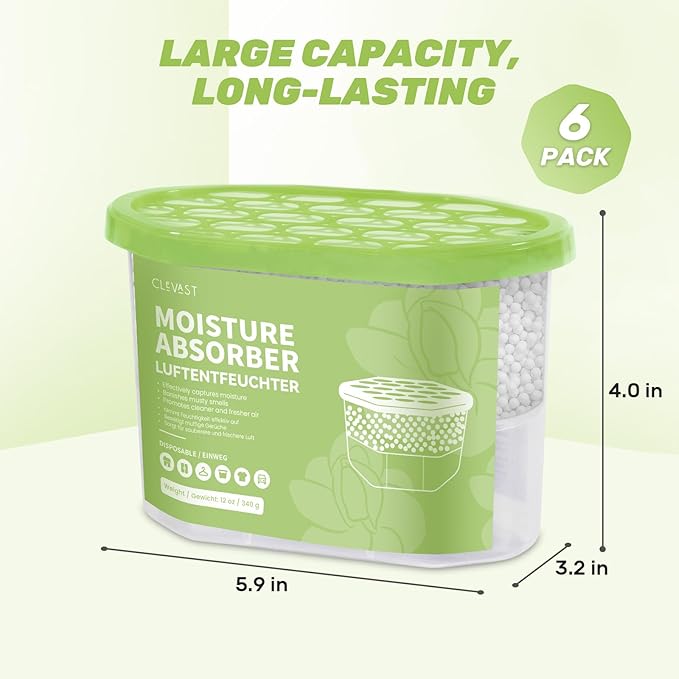 CLEVAST Moisture Absorber Boxes 6 Pack, 12 Oz Dehumidifier for Closet & Bathroom, Humidity Absorber for Wardrobe, Bedroom, RV