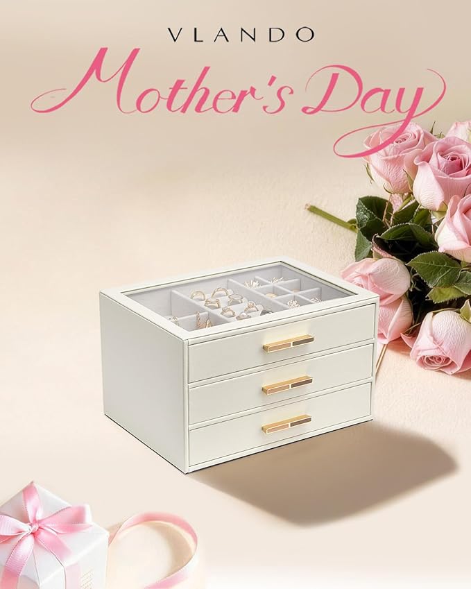VLANDO Jewelry Box for Women, Glass Lid Jewelry Organizer with 3 Drawers for Necklaces Rings Earrings Bracelets Mother Day Gi