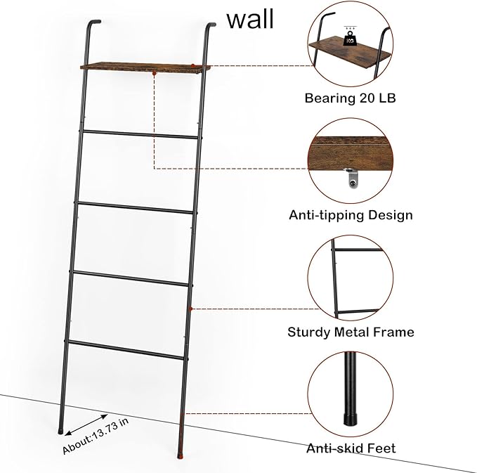 Blanket Ladder Holder for Living Room Farmhouse Decorative Ladder Holder with Storage Shelf, Wall Leaning Quilt Towel Rack fo