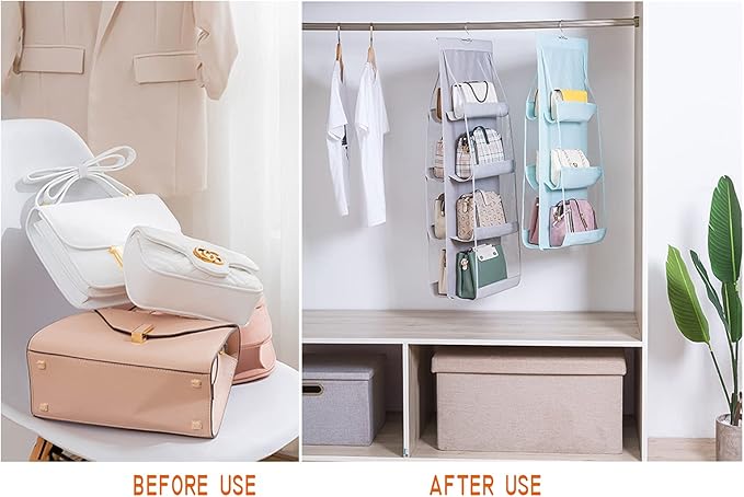 MURRI&MURRDI 2 Packs Hanging Handbag Organizer for Closet, Purse Storage Holder with 8 Easy Access Clear PVC Pockets, Womens 