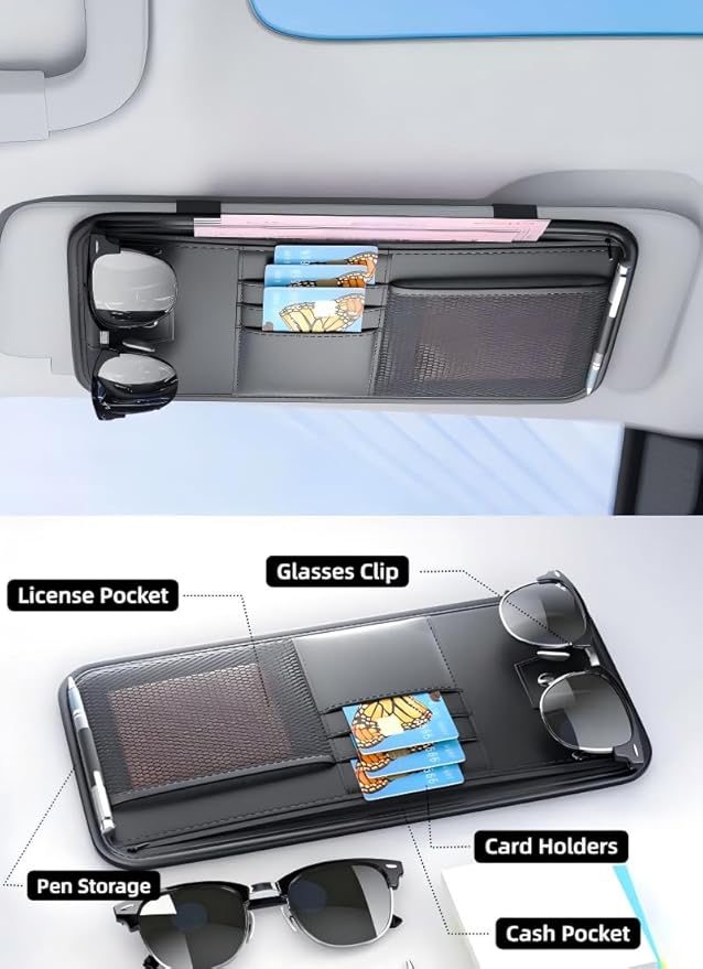 Car Visor Organizer, Universal Fit Auto Sun Visor Storage Holder, Red and Black (Brown)