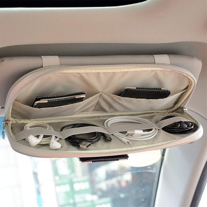Car Sun Visor Organizer, Auto Interior Accessories Pocket Organizer - Car Truck SUV Storage Pouch Holder, with Multi-Pocket Net Zipper (Beige)