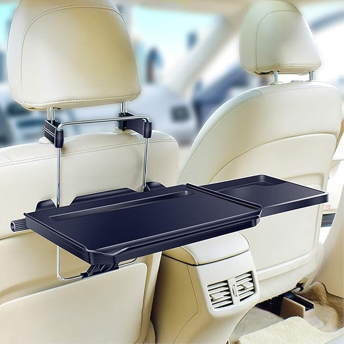 2 in 1 Car Steering Wheel Tray / Back Seat Headrest Tray for Eating Food Drink and Writing Laptop Work, XERGUR Black Car Desk
