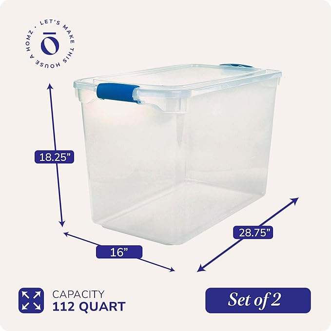 HOMZ 2-Pack Latching Lid, Clear Plastic Storage Organizer Bins, 112 Quart, Blue Latch - Stackable Organizing Containers for H