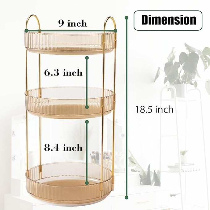 Rotating Makeup Organizer Countertop 3 Tier Lazy Susan Trays Clear Skincare Perfume Storage for Bathroom Counter Vanity, Ambe