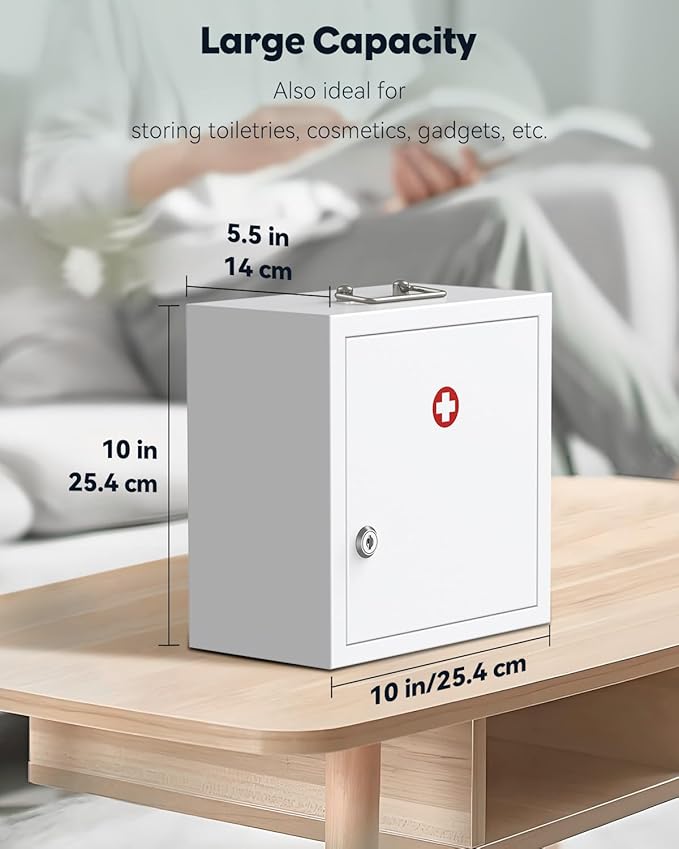 Uniclife Wall Mount Medicine Cabinet with Key Lock & Handle Locking First Aid Cabinet Lockable Medical Cabinet Medium Medicin