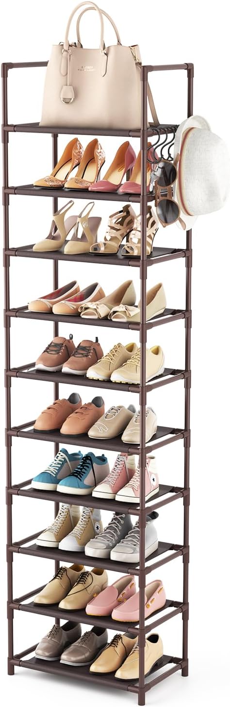 LANTEFUL 10 Tiers Tall Shoe Rack 20-25 Pairs Boots Organizer Storage Sturdy Narrow Shoe Shelf for Entryway, Closets with Hook