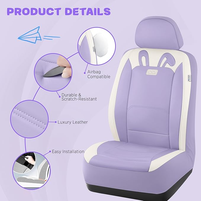 PIC AUTO Car Seat Covers, Cute Rabbit Premium Purple Leather Seat Covers, Universal Fit Front Seat Covers for Cars, Trucks, S