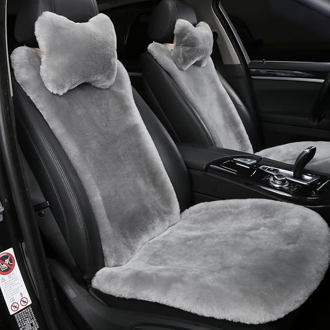 OGLAND 2 Pack FuzzySheepskin Car Driver Seat Covers, Shearling Fluffy Genuine Wool Seat Cushions for Auto Interior Accessorie