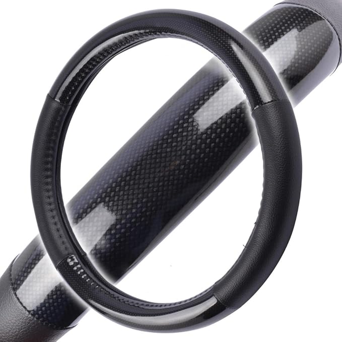 BDK Carbon Fiber Steering Wheel Cover White Vinyl with Fiber Accent - Black Carbon, 14.5-15 inch