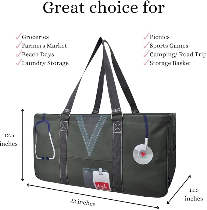 NGIL Extra Large Utility Tote Reusable Grocery Bag Oversized Collapsible for Groceries, Storage, Picnic, Beach (Nurse Life-gray)