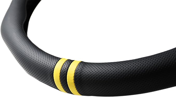Quick Install Sporty Perforated Nappa Leather Steering Wheel Cover with Yellow Stripes Universal fit 14½" to 15" Car SUV Pick