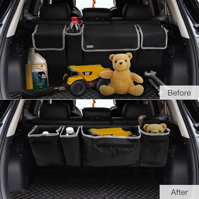 Backseat Trunk Organizer for SUV & Car - Hanging Organizer Foldable Cargo Storage Bag with 4 Pockets Adjustable Strap Durable