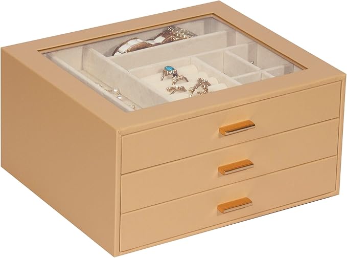 Jewelry Box with Glass Lid, 3-Layer Jewelry Organizer for Women Girls, PU Leather Display Case with 20-Grid Earring Tray & Mo