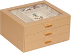 Jewelry Box with Glass Lid, 3-Layer Jewelry Organizer for Women Girls, PU Leather Display Case with 20-Grid Earring Tray & Mo