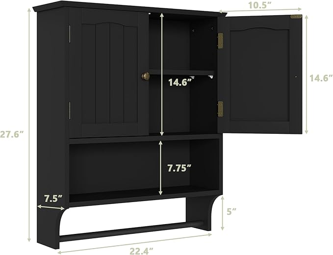 Smuxee Black Bathroom Cabinet Wall Mounted with Towels Bar, Medicine Cabinet with 2 Door Adjustable Shelves, Over Toilet Cabi