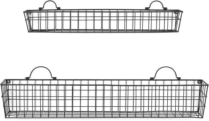 MyGift 2pcs 30-Inch Wire Baskets for Storage and Organization, Rustic Black Wall Mounted Metal Display Racks