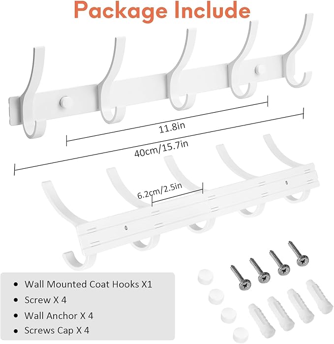 Optish Coat Rack Wall Mount, Coat Hook Wall Mount, Wall Hooks for Hanging, Hat Rack for Walls, Coats Hanger with 10 Hook, Tow