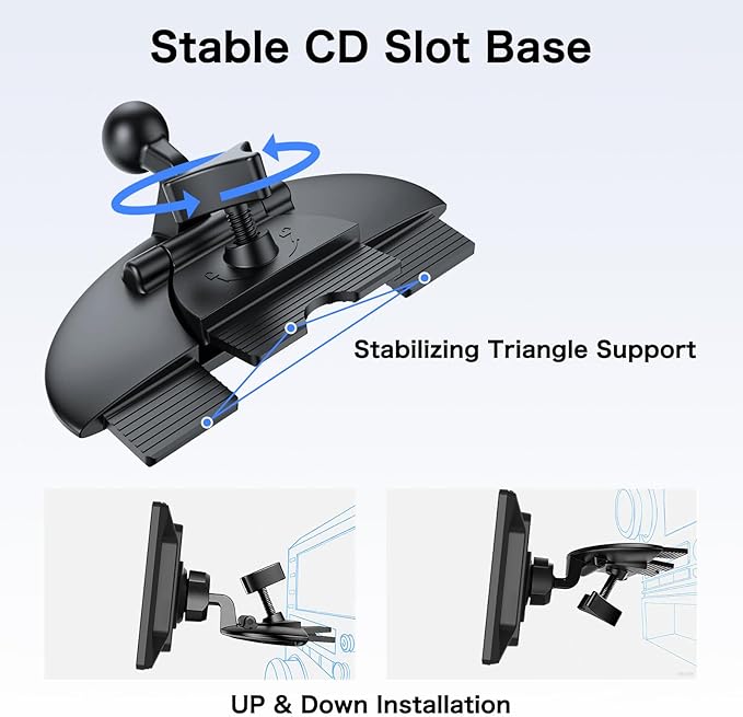 Jansite CD Slot Mount for Carplay Screen 360° Rotation Tool-Free Installation, 4-Button Lock Sturdy CD Slot CarPlay Mount Compatible with 7-10.26 Inch Apple Carplay & Android Auto Screen