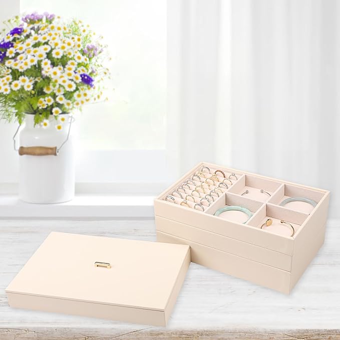Voova Stackable Jewelry Organizer Tray with Lid, PU Leather Jewelry Storage Holder for Drawer Inserts, Jewellery Display Box 