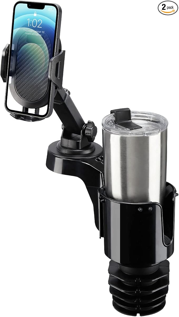 JOYTUTUS Cup Holder Phone Mount for Car, Car Cellphone Large Adapter Long Arm with 360 Degree Rotation, Compatible iPhone, Samsung & All Smartphones,Black,2 Pack