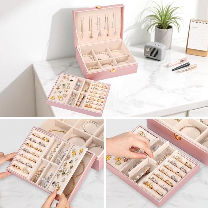 Voova Jewelry Box Organizer for Women Girls, 2 Layer Large Men Jewelry Storage Case, PU Leather Display Jewellery Holder with