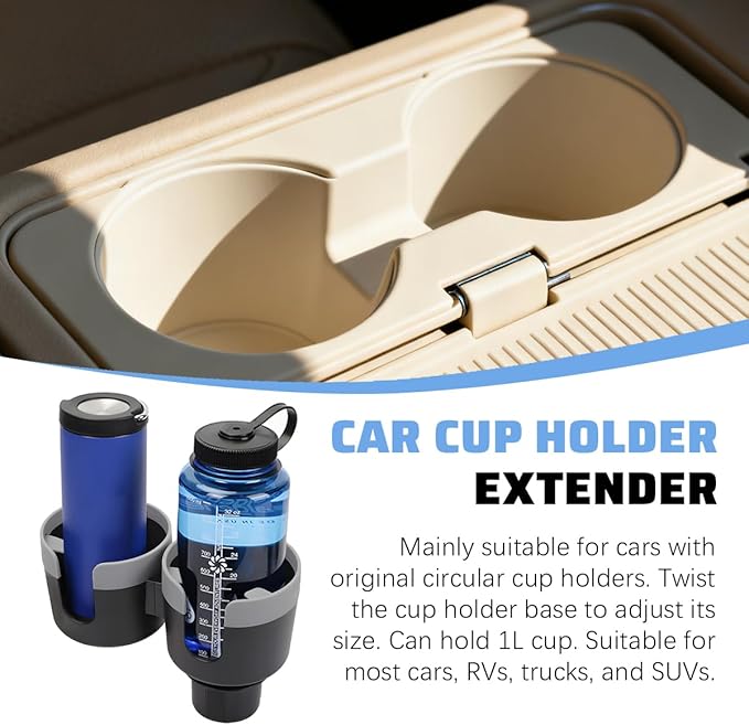 Car Double Cup Holder Expander, 2 in 1 Multifunctional Vehicle Cup Holder Adapter with Adjustable Base, Auto Drink Bottles Ex
