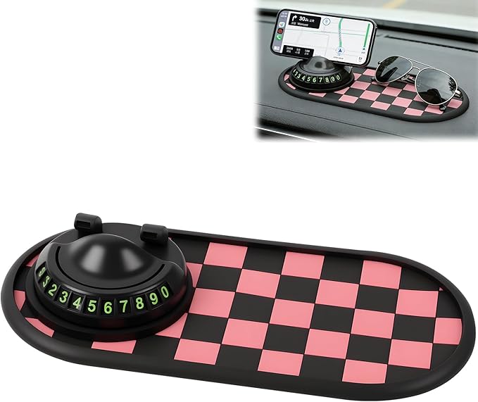 Multifunctional Car Anti-Slip Mat with 360° Rotating Phone Holder,Anti Slip Mat for Car Dashboard with Temporary Parking Numb