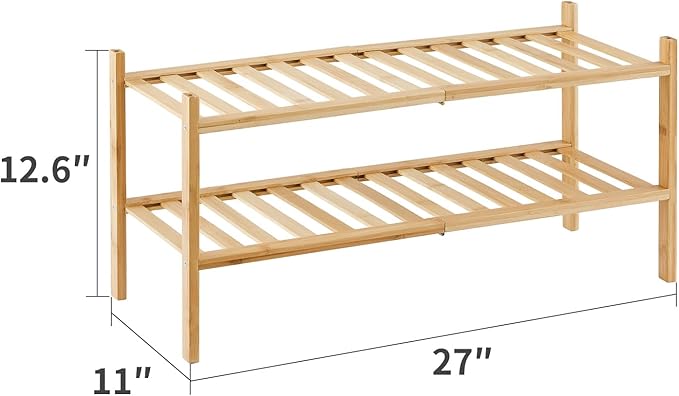 2-Tier Bamboo Shoe Rack for Entryway, Stackable | Heavy Duty | Multi-Function, Free Standing Shoe Racks for Bedroom Hallway C