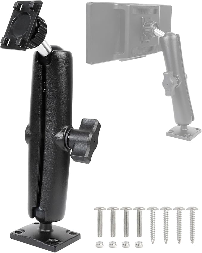 Heavy-Duty Truck Dash Mount for CarPlay Screen, Aluminum Alloy Long Arm & AMPS Square Plate Base, 360° Rotation