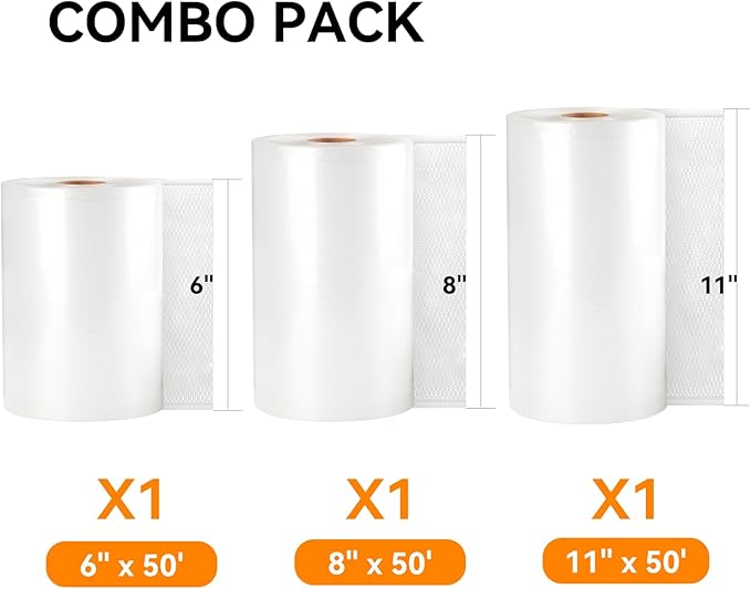 [2024 New] 6" x 50', 8" x 50' and 11" x 50' 3 Pack Rolls, Vacuum Sealer Rolls Bags for Food, Great for Food Storage, Sous Vid
