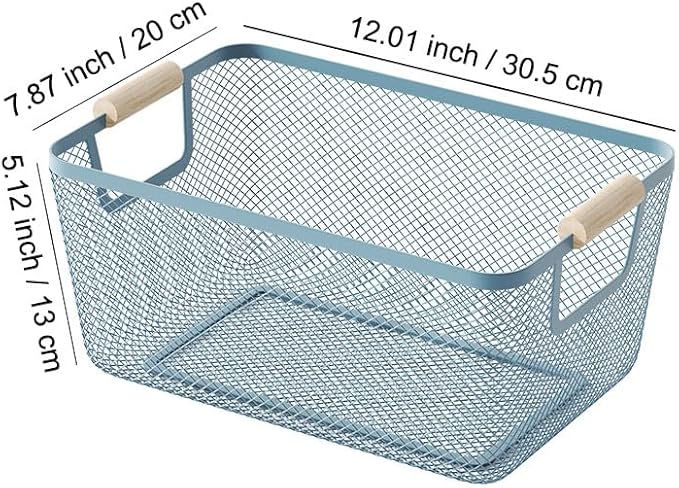 AJIODA Metal Mesh Steel Basket, Medium Wire Storage Organizer Basket Multi-function Hanging Kitchen Basket with Wood Handle f