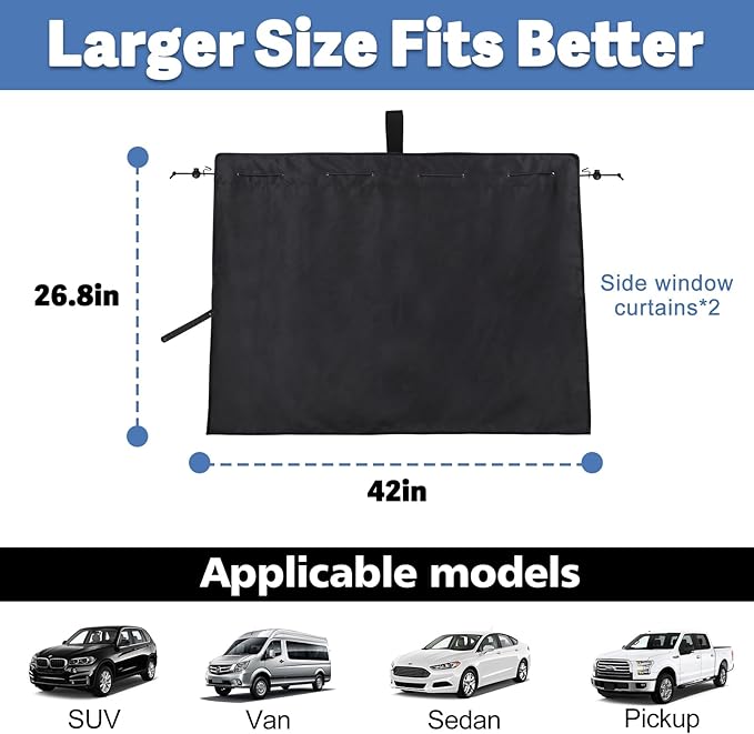 XCBYT Car Window Shades - 2 Pack Side Window Sun Shade Privacy Curtains Upgrade Anti-Fallout Hook 99% Light Block Keeps Cooler Car Blackout Covers for Baby Sleeping Camping Travel Nap