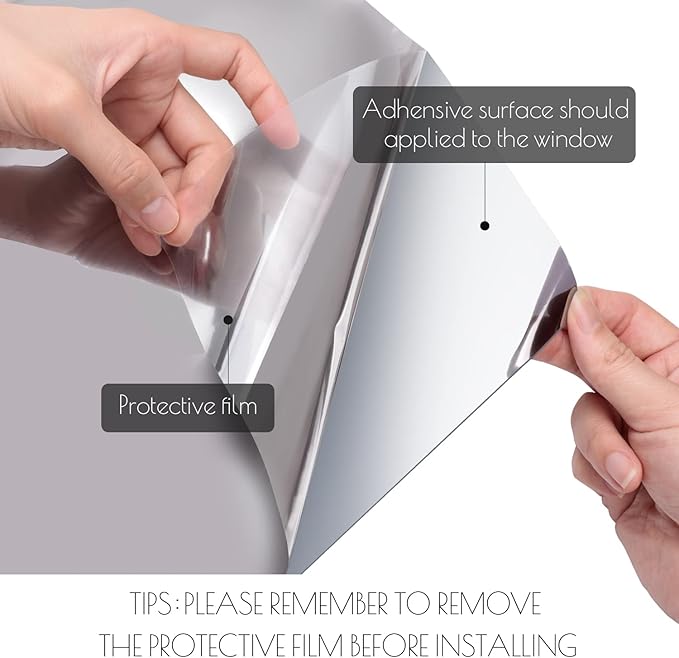 HIDBEA One Way Privacy Window Film, Daytime Mirror Reflective Heat Control UV Sun Blocking Non-Adhesive Static Cling Window Tint for Home and Office(Black-Silver, 45.2 Inch x 13.1 Feet)