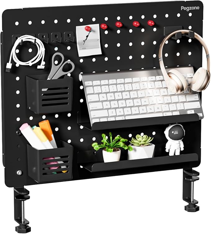PEGZONE Clamp-on Desk Pegboard, Desk Organizer for Office Gaming Home, Magnetic Metal Peg Board with 15 Accessories, Privacy 