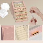 Jewelry Box with Glass Lid, 4-Layer Jewelry Organizer for Women Girls, PU Leather Display Case with 20-Grid Earring Tray & Mo