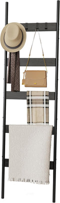 Blanket Ladder, 5-Tier Towel Holder with 4 Removable Hooks, Farmhouse Wall Leaning Decorative Rack Shelf, Wooden Towel Displa