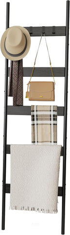 Blanket Ladder, 5-Tier Towel Holder with 4 Removable Hooks, Farmhouse Wall Leaning Decorative Rack Shelf, Wooden Towel Displa