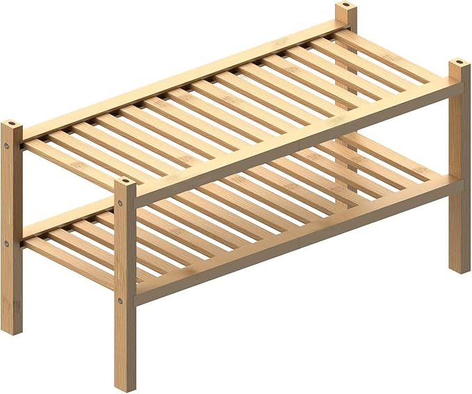 RONGJlA 2 Tier Bamboo Shoe Rack for Closet Free Standing Wood Shoe Shelf Storage Organizer for Entryway Small Space Stackable