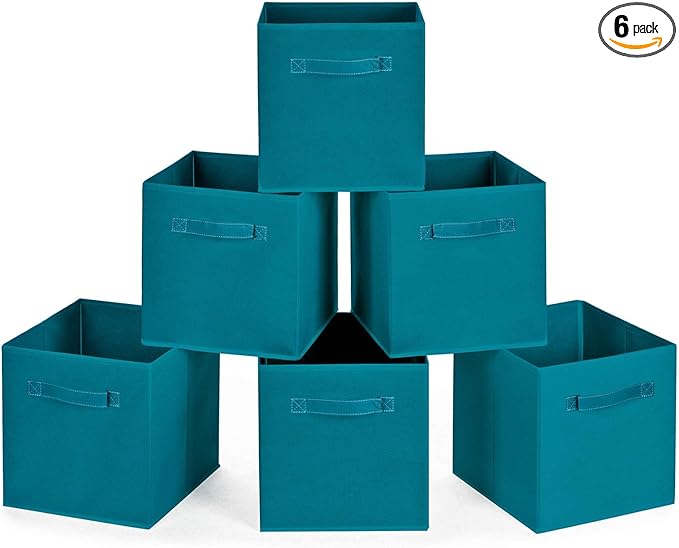 MaidMAX Cloth Storage Bins, Set of 6 Foldable Collapsible Fabric Cubes Organizers Basket with Dual Handles, Teal