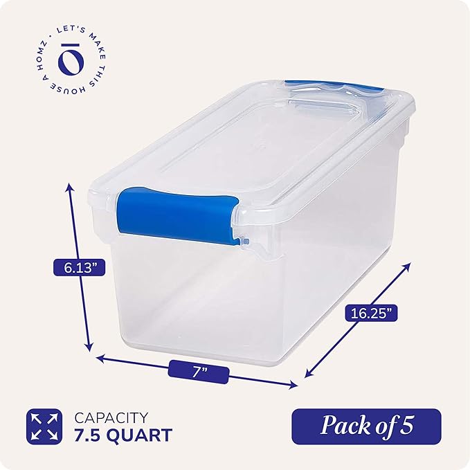 HOMZ 5-Pack Latching Lid, Clear Plastic Storage Organizer Bins, 7.5 Quart, Blue Latch - Stackable Organizing Containers for H