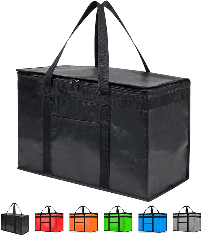 NZ home Insulated Bags for Food Delivery (2XL PRO) Grocery Shopping Cooler Bag, Pizza Delivery, Hot & Cold Catering Tote, Reusable, Foldable & Heavy Duty (Black)