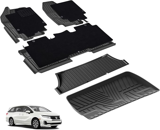 3W Floor Mats(with Carpets) & Cargo Liner Fit for Honda Odyssey 2026 2025-2018, TPE All Weather Waterproof Custom Fit Floor Liners Carpet and Truck Car Liners for Honda Odyssey 1-3 Rows, Black