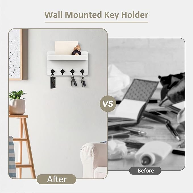 Nekon Key Holder Wall Mount, 8.5 Inch Small Home Decor Wooden Wall Organizer with 4 Hooks and Shelf, Key and Mail Holder for 